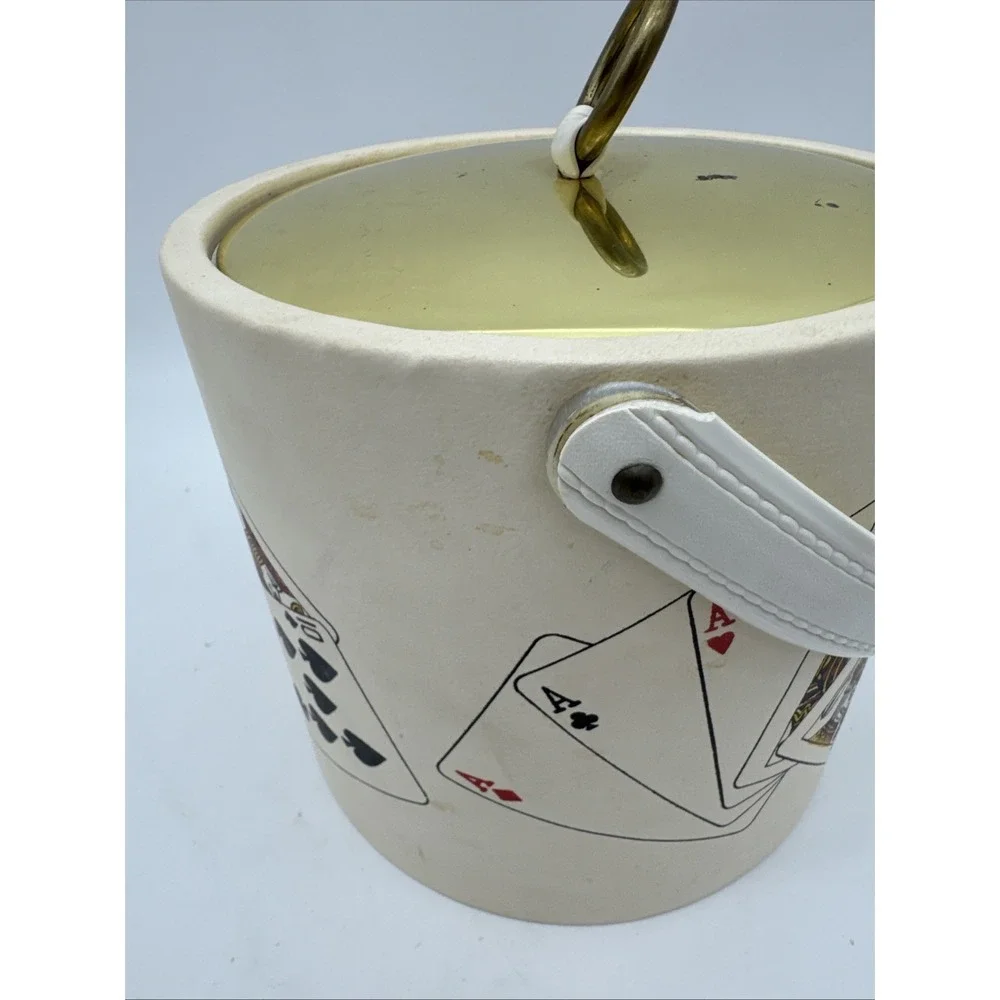 Vintage Kraftware Ice Bucket Cream With Gold Lid And Cards Made In USA